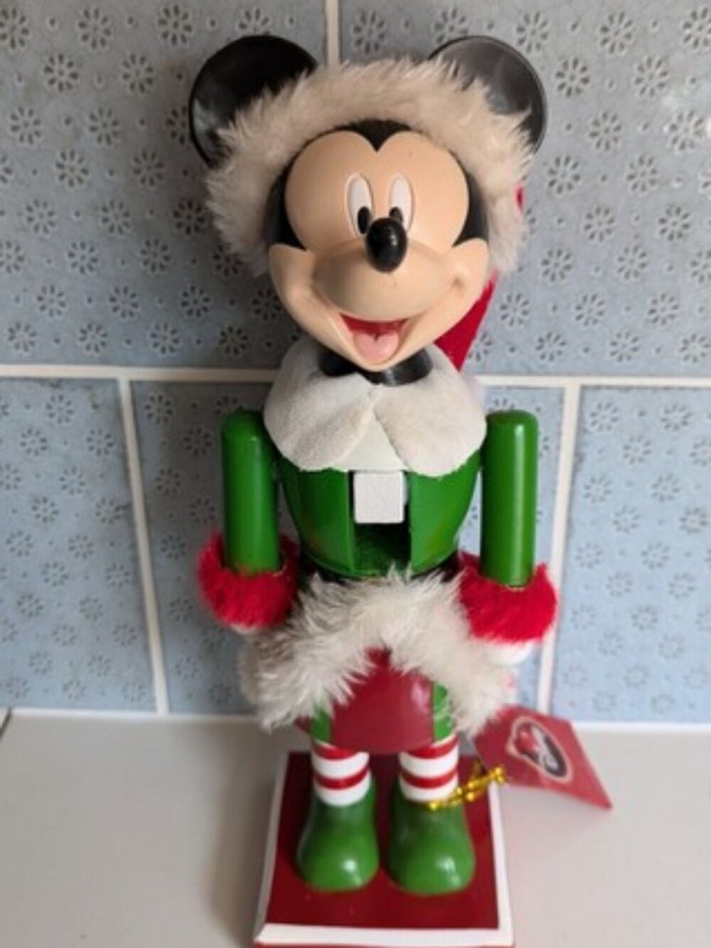 Disney's Mickey Mouse Christmas Wooden Nutcracker 10.5" Green And Red Elf Outfit